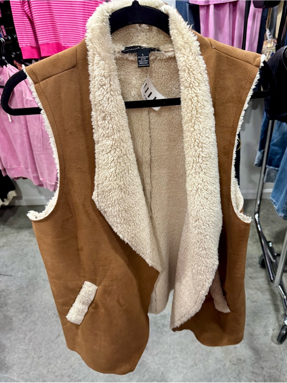 French Laundry Brown Faux Suede Sherpa Vest with Cream Lining